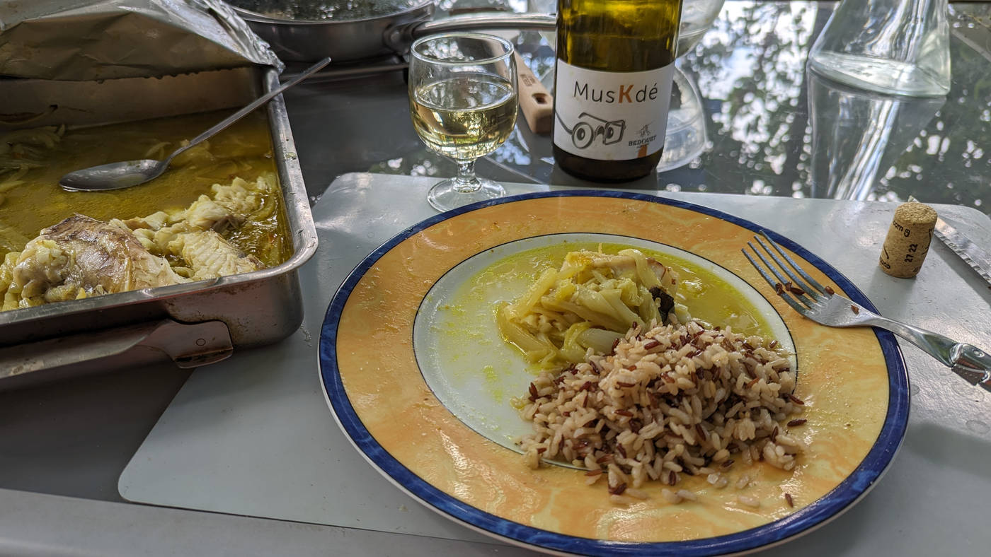 Repas du midi queue de lotte sauce oignon riz sauvage