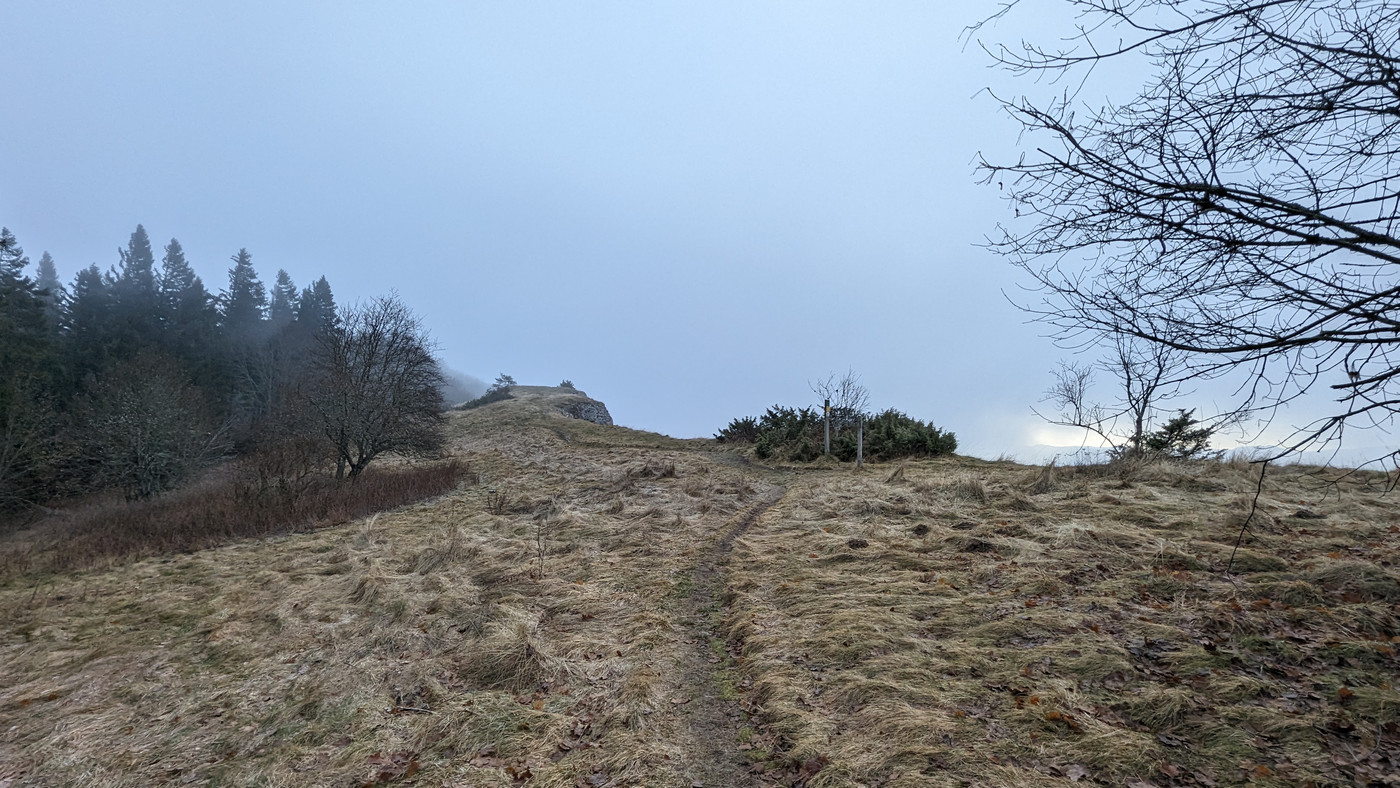 Sentier qui mène à la crête, dans la brume