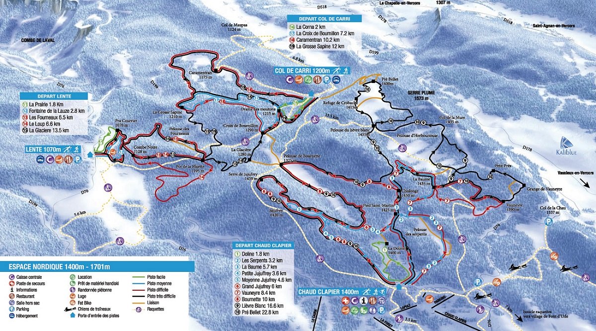 Le plan des pistes, seul le secteur Chaud clapier est ouvert.