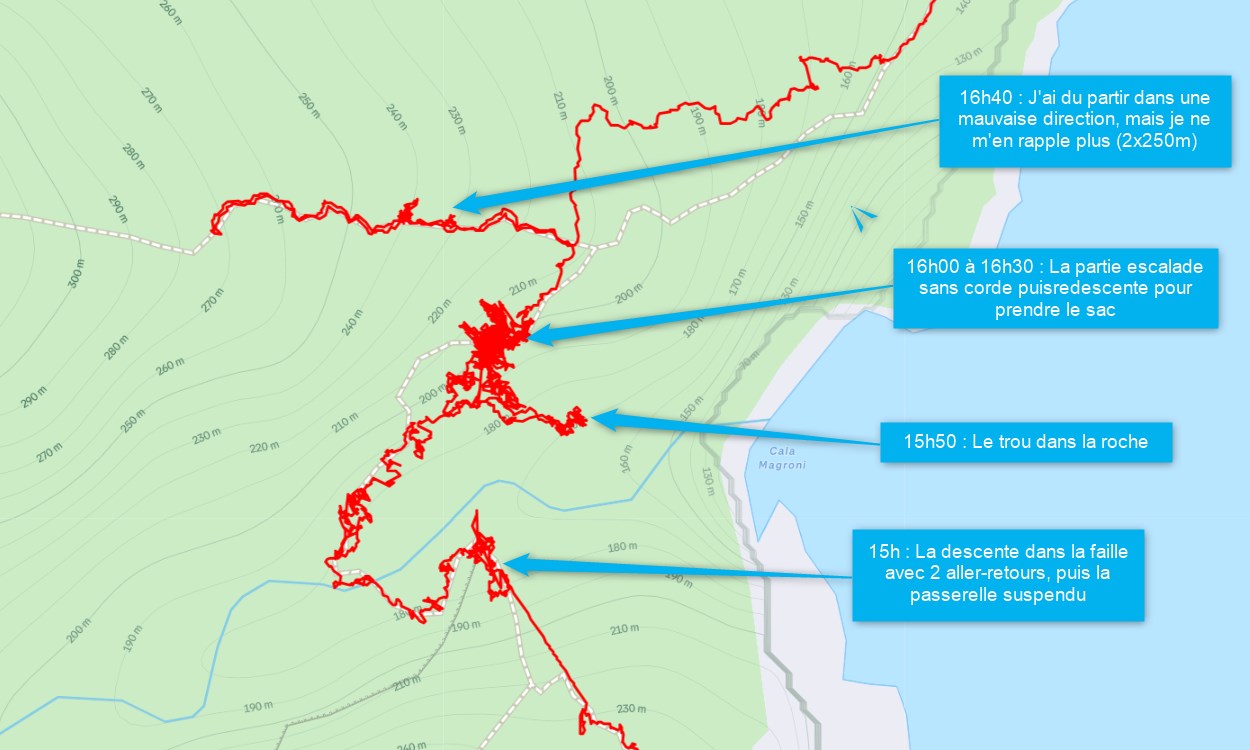 Carte vers 17h - La faille de la Cala Magroni dans l'aprés-midi