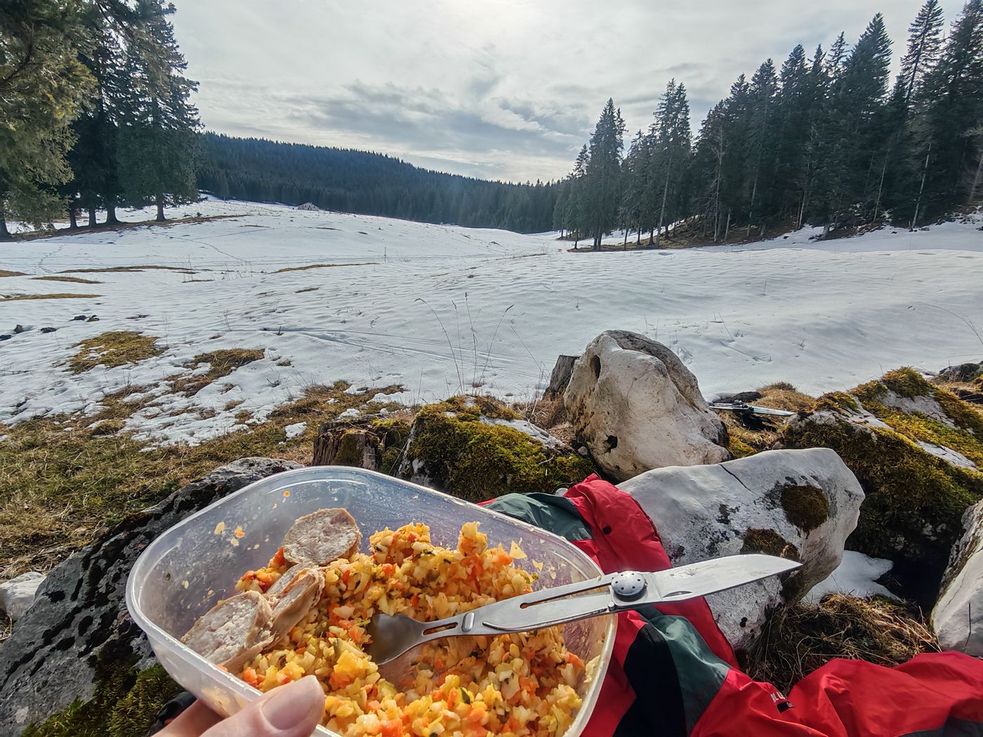 La dernière part de salade de choux préparer à la maison, avec du saucisson à l'ail